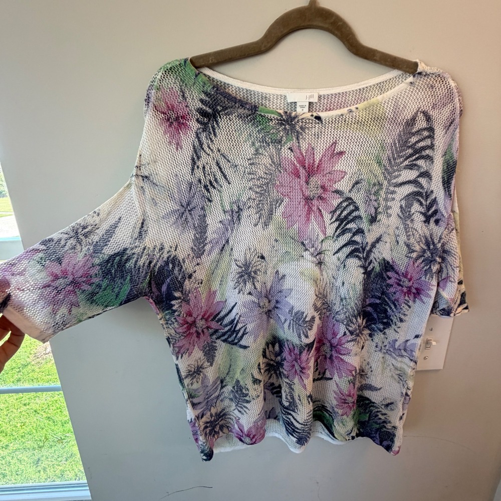 JJill Floral Open Knit Linen Blend Sweater Women M Flowy Cottagecore Resortwear
